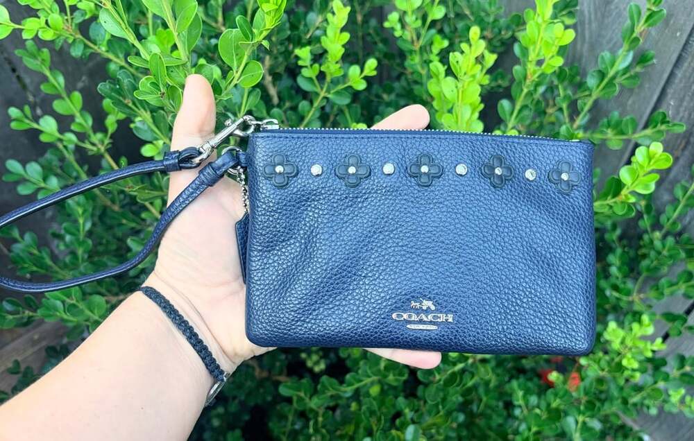 Coach Nolita Navy Leather Wristlet Floral Rivets